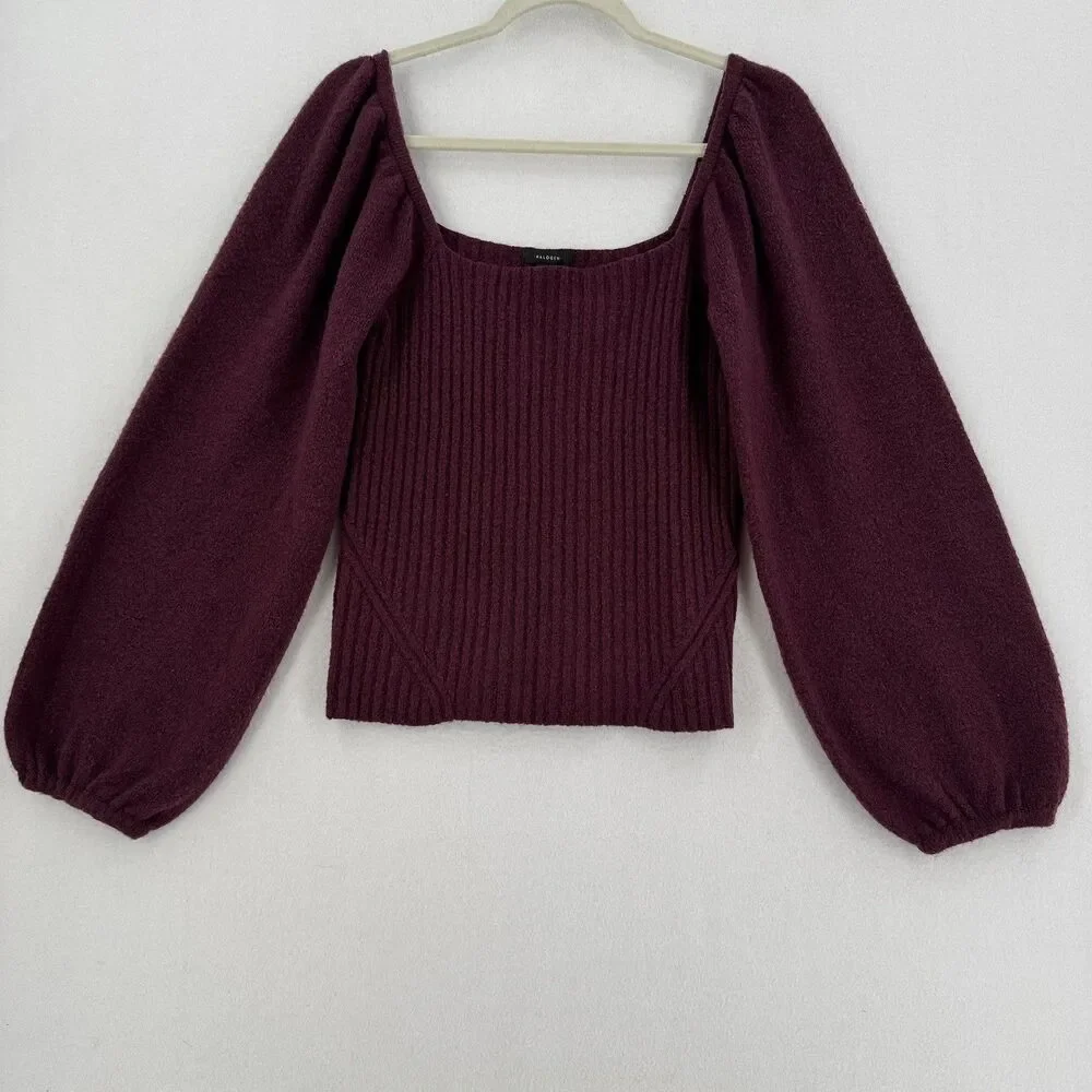 Halogen Sweater Women S Burgundy Square Neck Balloon Sleeve Wool Blend Cropped